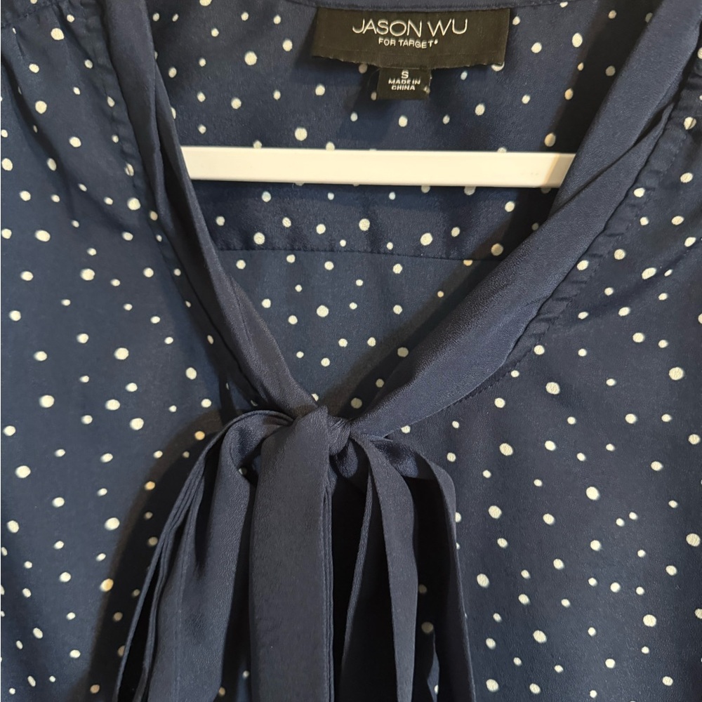 Jason Wu Navy Blue Polka Dot tie-neck blouse small - Picture 3 of 6